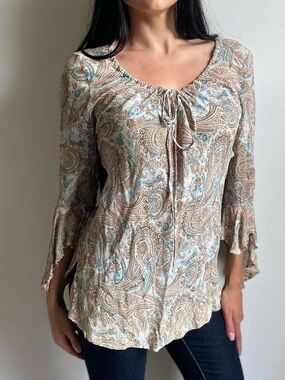 Quizz Again Paisley Tie-Neck Bell Sleeve Blouse
